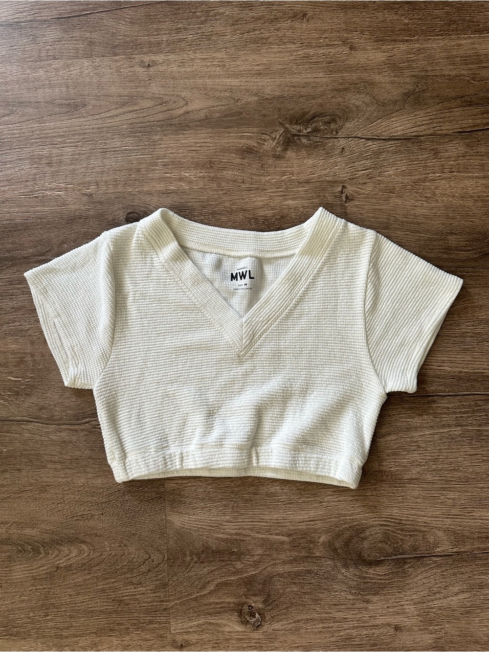 MWL Cream Ribbed V‑Neck Cropped Top